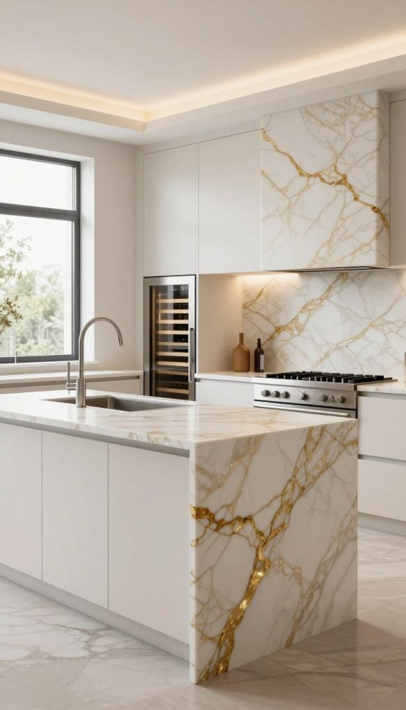 A luxurious kitchen design featuring elegant Calacatta Gold marble countertops and backsplash, showcasing stunning white and gold veining. The foreground displays a spacious kitchen island with sleek cabinetry in soft matte white, adorned with modern stainless steel fixtures. In the middle ground, an integrated wine cooler and high-end appliances reflect a sophisticated aesthetic. The background consists of large windows allowing natural light to flood the room, highlighting the lustrous marble surfaces. A soft, warm glow from pendant lights adds an inviting atmosphere. The overall mood is timeless and opulent, emphasizing clean lines and cohesive design principles that harmonize luxury with functionality. The scene is captured at eye level with a wide-angle lens to showcase the kitchen's grandeur without any people present.