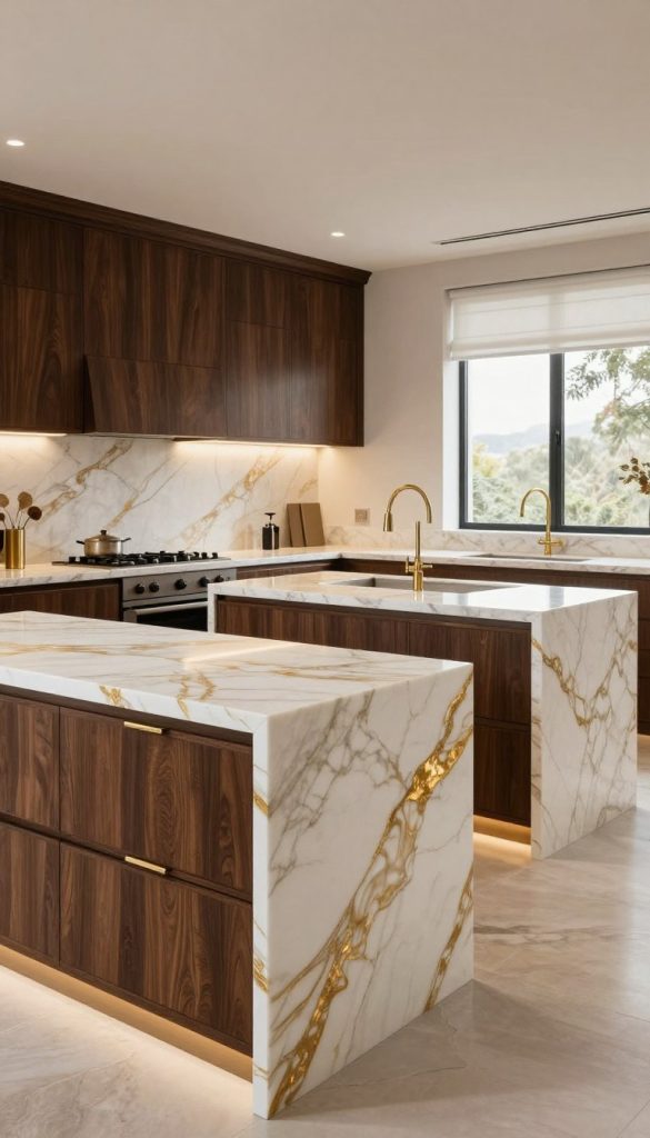 A luxurious kitchen design featuring stunning Calacatta Gold marble countertops creates an opulent atmosphere. In the foreground, elaborate cabinetry with a rich, dark wood finish contrasts beautifully with the bright, swirling patterns of the Calacatta Gold marble. The middle ground showcases an expansive kitchen island with intricate detailing, elegantly arranged with minimalistic gold accents. Soft, ambient lighting illuminates the space, highlighting the marble's shimmering veins. The background features large windows that invite natural light, enhancing the warm, inviting tones of the kitchen. With a clean layout and an emphasis on sophistication, the overall mood is one of timeless elegance, encapsulating the essence of a high-end culinary experience.