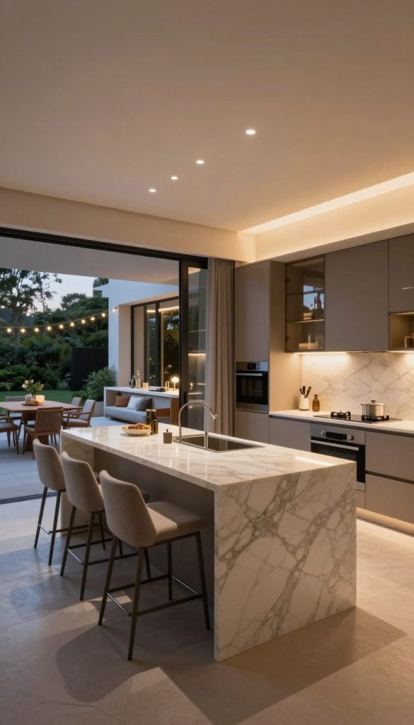 A luxurious kitchen design showcasing a seamless flow between indoor and outdoor spaces, highlighted by sophisticated layered lighting. In the foreground, a sleek kitchen island made of polished marble with elegant bar stools, featuring subtle under-cabinet lighting. The middle ground includes state-of-the-art appliances, glass cabinets, and a spacious dining area that opens to an outdoor patio. Large sliding glass doors reveal an outdoor kitchen setup with ambient string lights and modern furnishings, creating an inviting atmosphere. In the background, lush greenery complements the space. Use soft, warm lighting to convey a cozy evening mood, suggesting an inviting transition from day to night. The image is captured from a low angle, giving an expansive view of the space with a focus on the harmonious design elements.
