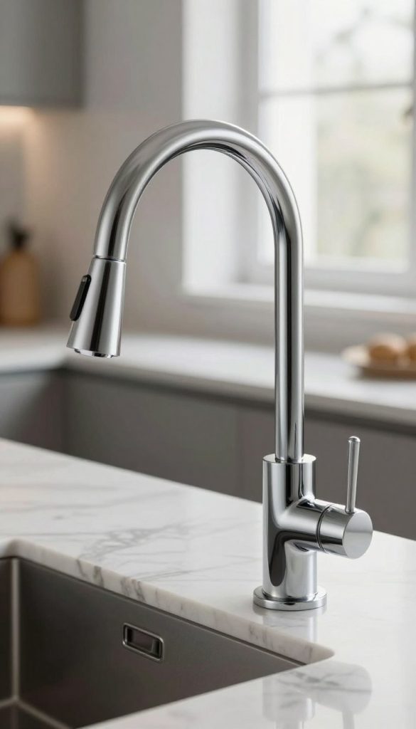 A luxurious kitchen faucet featured prominently in the foreground, showcasing a sleek, modern design with elegant curves and a polished chrome finish. The faucet's intricate details, such as a high arc spout and refined handle, reflect exceptional quality and craftsmanship. In the middle ground, a sophisticated kitchen sink is seamlessly integrated, set against a backdrop of a marble countertop that adds a touch of opulence. Soft, natural light filters in from a nearby window, casting gentle reflections on the faucet’s surface. The atmosphere is one of sophistication and serenity, embodying the essence of high-end kitchen design. The image captures the faucet from a slight angle, emphasizing its graceful silhouette and the overall luxurious vibe of the space, without any people or unnecessary distractions.