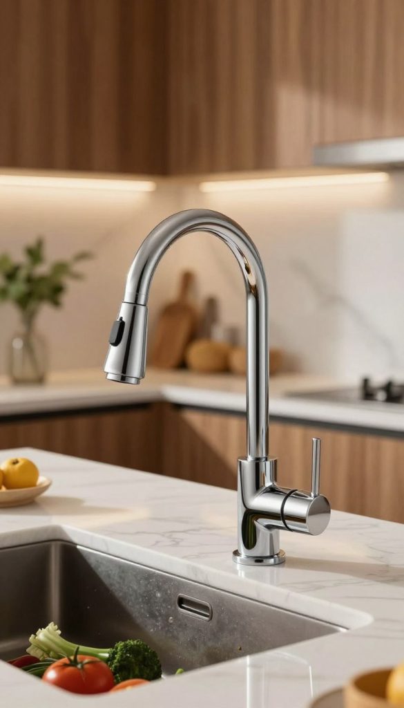 A luxurious kitchen faucet prominently displayed in a modern kitchen setting. The faucet features a sleek, polished chrome finish with elegant curves and an impressive high arc spout, perfect for a statement piece. In the foreground, the faucet is positioned over a deep, undermount sink filled with fresh ingredients, enhancing the culinary atmosphere. The middle ground showcases the stunning countertop made of white marble with subtle gray veining, providing a sophisticated backdrop. The background reveals softly lit cabinetry with warm wooden tones and decorative plants, creating a cozy yet upscale ambiance. The scene is illuminated by warm, natural light coming through a nearby window, highlighting the faucet's glossy surface and reflecting the elegance of the entire kitchen design.