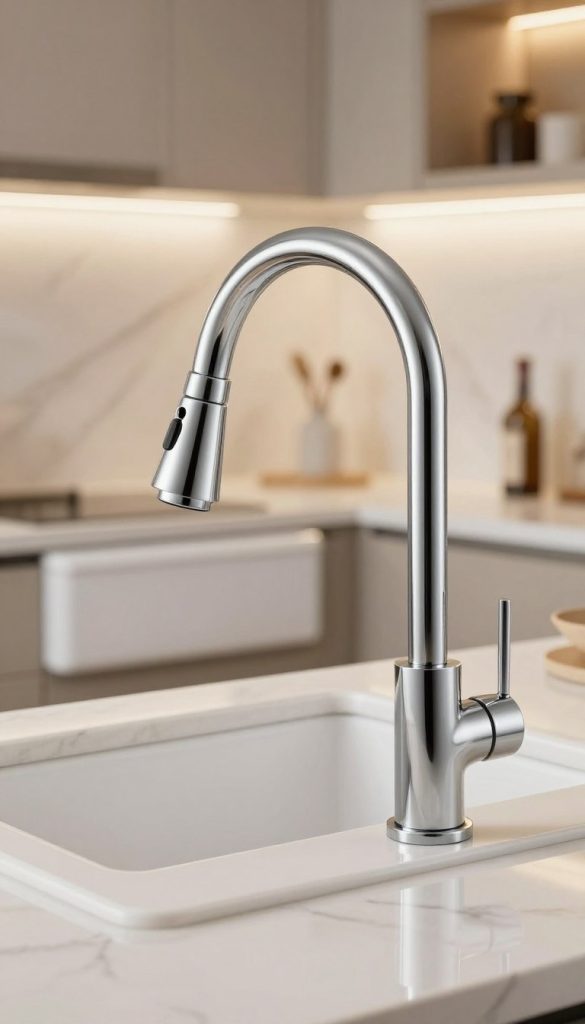 A luxurious kitchen faucet takes center stage, showcasing a sleek, modern design with a polished chrome finish and elegant curves. The foreground features the faucet with a detachable pull-down spray head, highlighting its intricate details such as the seamless handle and high arc spout. In the middle ground, a beautiful white farmhouse sink complements the faucet, surrounded by marble countertops that glisten under soft, warm lighting. The background is adorned with subtle hints of an upscale kitchen, including soft-focus cabinetry and decorative elements, creating an inviting atmosphere. The overall tone conveys sophistication and elegance, suggesting a high-end lifestyle. Photographed from a slightly elevated angle, the scene captures the faucet's beauty and functionality in a contemporary setting, emphasizing the importance of design in modern U.S. kitchens.