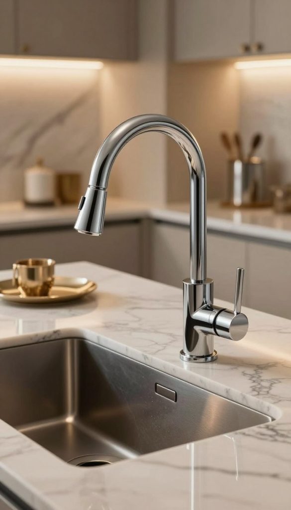 A luxurious kitchen faucet with a sleek, modern design, showcasing a high-polish chrome finish and intricate detailing along the handle. The foreground features the faucet elegantly positioned above a stylish, deep farmhouse sink, gleaming under soft, warm lighting that enhances its reflective surfaces. In the middle ground, a marble countertop provides a refined backdrop, adding texture with subtle gray veins, while luxurious kitchen accessories are tastefully arranged to complement the faucet. In the background, soft-focus cabinetry and muted colors create an inviting atmosphere, evoking a sense of sophistication and comfort. The angle captures the faucet from a slightly elevated perspective, emphasizing its elegance and the meticulous attention to detail in its design. The overall mood is one of opulence and modernity, perfect for a statement piece in any upscale kitchen.