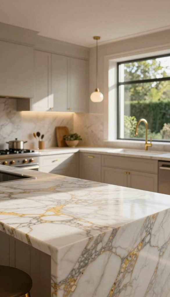 A luxurious kitchen featuring Calacatta Gold marble accents. In the foreground, showcase a polished Calacatta Gold marble countertop with intricate white and gold veining. The middle ground includes elegant cabinetry in a soft matte finish, complemented by brass hardware for a touch of opulence. In the background, softly lit pendant lights hang above the island, casting a warm glow, while an oversized window reveals lush greenery outside, enhancing the serene ambiance. Use natural sunlight to create a gentle play of shadows on the marble surface, emphasizing its texture. Capture this scene from a slightly elevated angle to present a full view of the kitchen layout, evoking a mood of timeless sophistication and subtle luxury, ideal for a serene culinary experience.