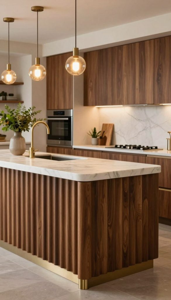A luxurious kitchen featuring a mixed material fluted kitchen island that combines rich, warm wood, sleek stone, and polished metal accents. In the foreground, the island showcases fluted textures, with deep grooves adding dimension and elegance. The countertop, crafted from creamy marble with subtle veining, contrasts beautifully with the dark wooden base. Subtle metallic elements, like brushed brass hardware, gleam softly under warm, ambient lighting. In the middle ground, stylish kitchen cabinetry with integrated appliances complements the island, while decorative pendant lights cast a gentle glow. The background includes minimalist shelving and lush greenery for a fresh touch, enhancing the modern luxury atmosphere. The overall composition is balanced and inviting, creating a sophisticated culinary space perfectly suited for contemporary living.