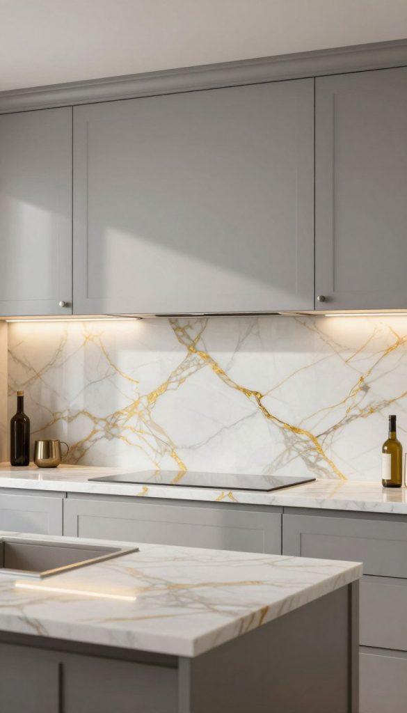 A luxurious kitchen featuring a striking Calacatta Gold marble backsplash with a bookmatched design. The marble showcases its signature golden veining against a pristine white background, exuding elegance and sophistication. In the foreground, sleek, modern kitchen countertops complement the backsplash, reflecting a well-thought-out layout. The middle ground highlights polished cabinetry in a soft gray tone, harmonizing beautifully with the backsplash. Soft, warm lighting enhances the marble's natural beauty, casting gentle shadows that accentuate the intricate patterns. The image is captured from an eye-level angle, allowing viewers to appreciate the ornate details while creating an inviting atmosphere. The overall mood is timeless and luxurious, perfect for showcasing a bold, stylish backsplash statement in a contemporary kitchen setting.