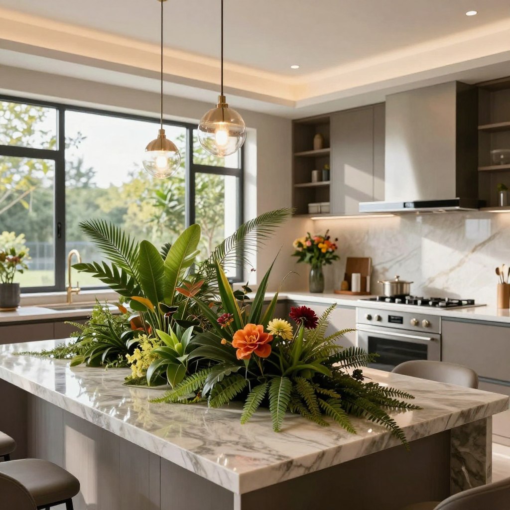 A luxurious kitchen featuring a stunning living centerpiece on a sleek kitchen island. In the foreground, a beautifully curated arrangement of lush green plants and vibrant flowers with rich textures, creating a sense of warmth and life. The middle of the image showcases a modern, elegant kitchen with high-end appliances, polished stone countertops, and ample natural light streaming through large windows, accentuating the space. In the background, tastefully chosen cabinetry and stylish pendant lighting enhance the sophisticated atmosphere. The lighting is bright and inviting, highlighting the organic textures of the plants and the sleek lines of the kitchen design. The overall mood is serene and upscale, ideal for those looking to elevate their home environment. Ensure no people are present in this setting. A luxurious kitchen featuring a stunning living centerpiece on a sleek kitchen island. In the foreground, a beautifully curated arrangement of lush green plants and vibrant flowers with rich textures, creating a sense of warmth and life. The middle of the image showcases a modern, elegant kitchen with high-end appliances, polished stone countertops, and ample natural light streaming through large windows, accentuating the space. In the background, tastefully chosen cabinetry and stylish pendant lighting enhance the sophisticated atmosphere. The lighting is bright and inviting, highlighting the organic textures of the plants and the sleek lines of the kitchen design. The overall mood is serene and upscale, ideal for those looking to elevate their home environment. Ensure no people are present in this setting.