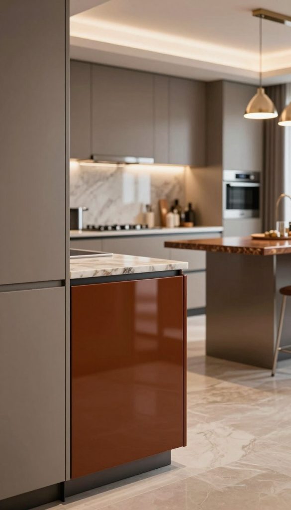 A luxurious kitchen featuring elegant cabinets with both matte and glossy finishes. In the foreground, showcase a close-up of a beautifully designed kitchen cabinet door, highlighting the texture and sheen of the glossy finish contrasted against a matte finish on adjacent cabinets. The middle ground displays a modern kitchen layout with sleek lines, stainless steel appliances, and an island topped with a rich, polished stone surface. The background reveals soft, warm lighting from pendant lamps, casting a glow that enhances the rich colors of the cabinetry. The mood is sophisticated and inviting, emphasizing the essence of modern luxury in kitchen design, captured from a slightly angled perspective for depth.