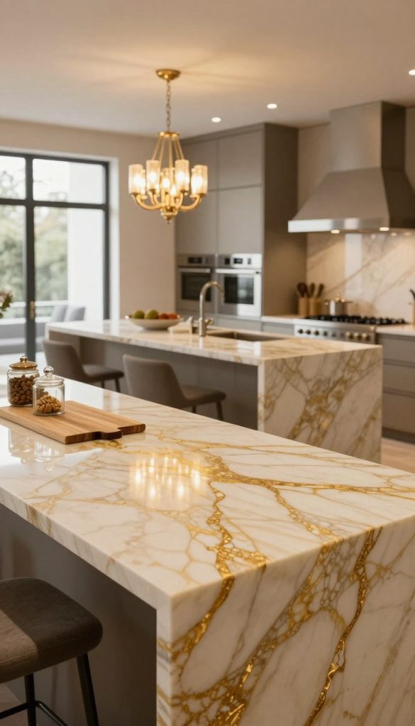A luxurious kitchen featuring exquisite Calacatta Gold marble countertops, showcasing the intricate veining and rich golden hues characteristic of the stone. The foreground displays the elegant countertops adorned with tasteful kitchen accessories, like a sleek cutting board and a few decorative jars, enhancing the opulence. In the middle ground, a modern kitchen island with ample seating and a beautiful chandelier overhead casts warm light across the space. The background features stylish cabinetry and stainless steel appliances, harmonizing with the marble's classic tone. Soft, natural lighting filters in through large windows, creating a serene and inviting atmosphere, ideal for cooking and entertaining. Capture the image from a slight diagonal angle to emphasize depth and elegance.
