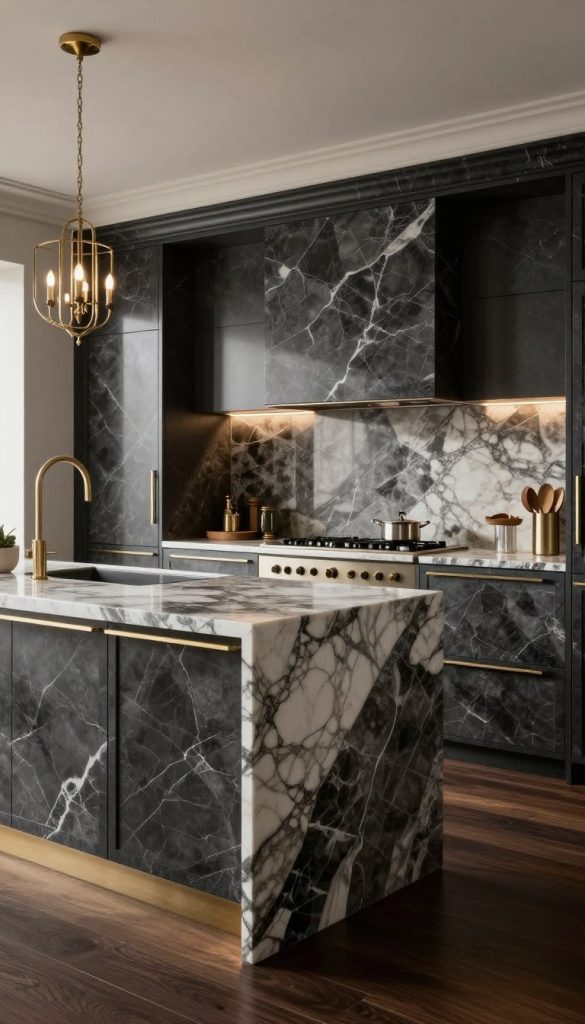 A luxurious kitchen featuring rich charcoal marble cabinetry, emphasizing the grandeur of the material with intricate veining and polished surfaces. The foreground showcases sleek, modern cabinetry with gold hardware, blending seamlessly into an elegant marble island that invites culinary creativity. In the middle ground, ambient lighting illuminates the kitchen, casting soft shadows that enhance the marble’s texture, while an overhead chandelier adds a touch of sophistication. The background reveals minimalist decor and dark hardwood flooring, creating a warm yet opulent atmosphere. The scene exudes a sense of refined elegance, with a subtle play of light and dark that highlights the luxurious materials. A wide-angle view captures the entire kitchen layout, inviting viewers into this sumptuous culinary space.