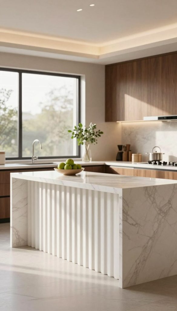 A luxurious kitchen interior featuring a horizontal fluted waterfall edge island as the focal point. The island is crafted from smooth, polished white marble, showcasing elegant vertical flutes that create a sense of modern sophistication. In the foreground, the island is adorned with minimalistic decor, such as a few carefully placed green plants and a sleek fruit bowl. In the middle ground, soft natural light pours in from large windows, illuminating the space and reflecting off the shiny surfaces. The background features cabinets with a dark wood finish and subtle metallic accents, enhancing the contemporary look. The overall atmosphere is serene and inviting, with a warm color palette and clean lines, exuding a sense of luxury and style.