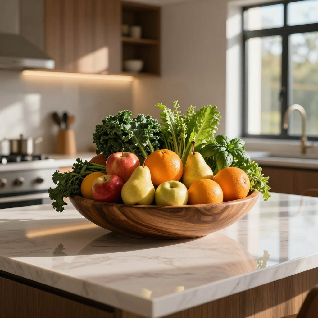 A luxurious kitchen island adorned with an elegant centerpiece featuring an artful display of vibrant fruits and fresh vegetables. In the foreground, a polished wooden bowl brims with ripe, colorful fruits like glossy apples, plump pears, and striking oranges, interspersed with lush greens of herbs and leafy vegetables like kale and basil. The middle ground reveals the smooth countertop, reflecting the assortment elegantly. In the background, a stylish kitchen setup offers hints of modern appliances and warm, ambient lighting, creating an inviting atmosphere. Soft sunlight streams in through large windows, casting gentle shadows that enhance the polished details. The overall mood exudes sophistication and warmth, perfect for a luxurious culinary space. A luxurious kitchen island adorned with an elegant centerpiece featuring an artful display of vibrant fruits and fresh vegetables. In the foreground, a polished wooden bowl brims with ripe, colorful fruits like glossy apples, plump pears, and striking oranges, interspersed with lush greens of herbs and leafy vegetables like kale and basil. The middle ground reveals the smooth countertop, reflecting the assortment elegantly. In the background, a stylish kitchen setup offers hints of modern appliances and warm, ambient lighting, creating an inviting atmosphere. Soft sunlight streams in through large windows, casting gentle shadows that enhance the polished details. The overall mood exudes sophistication and warmth, perfect for a luxurious culinary space.