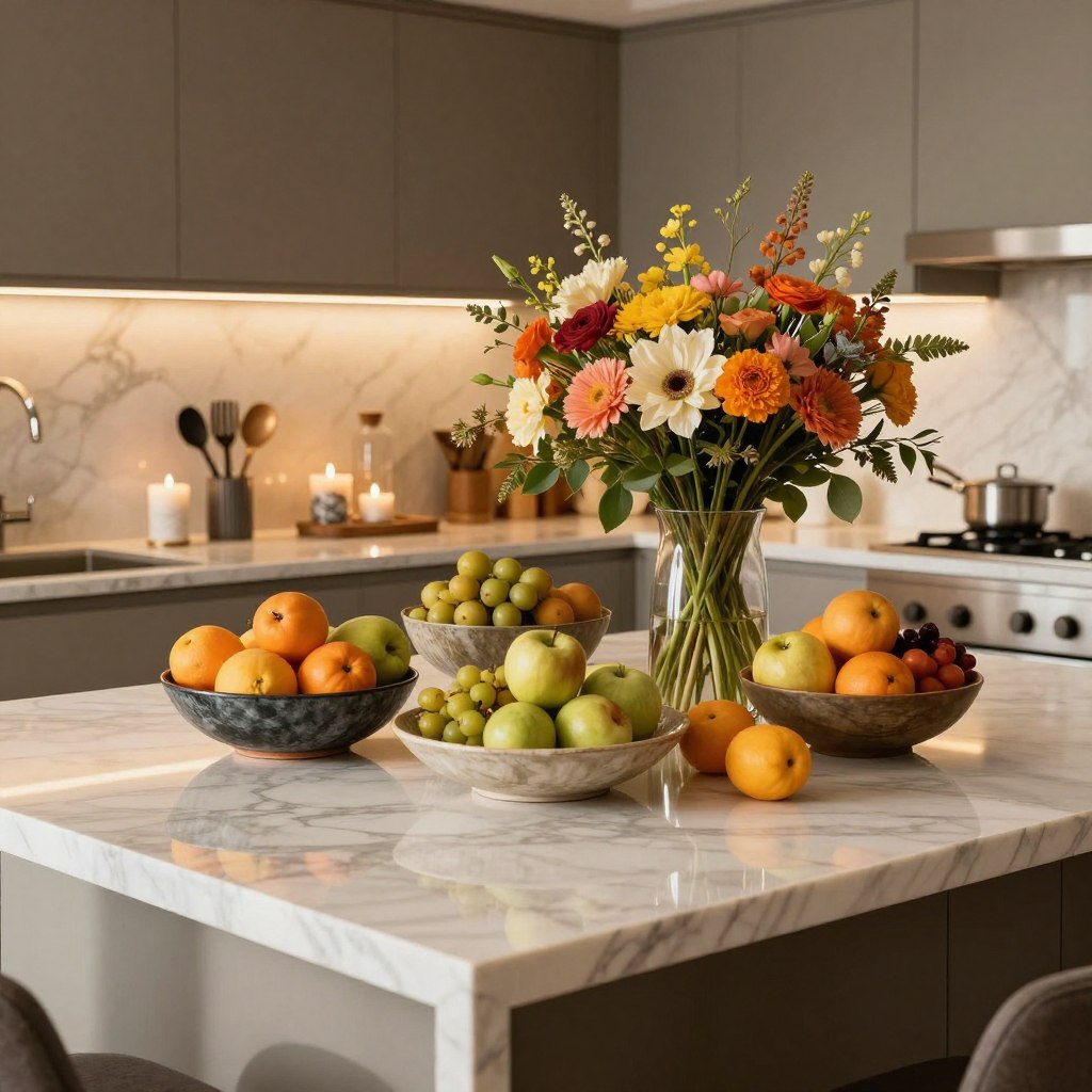 A luxurious kitchen island centerpiece decor, featuring an elegant arrangement of fresh seasonal fruits in artisan bowls, complemented by intricate vases filled with vibrant flowers. The foreground showcases polished marble surfaces reflecting soft natural light, while the middle ground includes stylish kitchenware, such as chic utensils and decorative candles. In the background, modern cabinetry with sleek finishes provides a sophisticated contrast. The scene is bathed in warm, inviting lighting, creating a cozy yet upscale atmosphere. Capture this from a slightly elevated angle to emphasize the island's grandeur, allowing the textures and colors to pop, evoking a sense of luxury and warmth essential for a centerpiece that transforms the kitchen hub. A luxurious kitchen island centerpiece decor, featuring an elegant arrangement of fresh seasonal fruits in artisan bowls, complemented by intricate vases filled with vibrant flowers. The foreground showcases polished marble surfaces reflecting soft natural light, while the middle ground includes stylish kitchenware, such as chic utensils and decorative candles. In the background, modern cabinetry with sleek finishes provides a sophisticated contrast. The scene is bathed in warm, inviting lighting, creating a cozy yet upscale atmosphere. Capture this from a slightly elevated angle to emphasize the island's grandeur, allowing the textures and colors to pop, evoking a sense of luxury and warmth essential for a centerpiece that transforms the kitchen hub.