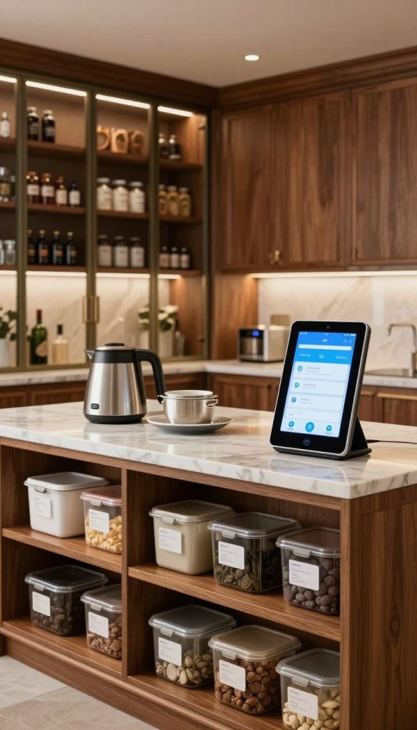 A luxurious kitchen pantry featuring an organized, modern aesthetic. In the foreground, a sleek wooden shelving unit displays a variety of well-labeled containers, showcasing an impressive smart labeling system with digital screens for easy inventory management. The middle ground includes a polished marble countertop with high-end kitchen gadgets, all neatly arranged. In the background, glass doors reveal a beautifully lit, spacious pantry with soft ambient lighting, highlighting the rich textures of the wooden cabinetry and elegant hardware. The atmosphere should feel inviting yet sophisticated, reminiscent of a chef's dream kitchen, with a warm color palette and a touch of modern technology. The scene should evoke a sense of luxury and efficiency, without any people present.