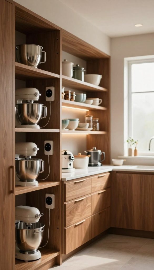A luxurious kitchen pantry showcasing premium organization, featuring dedicated appliance garages with integrated charging stations. In the foreground, sleek, organized shelves display high-end kitchen gadgets and small appliances like mixers and blenders, each in its own designated space. The middle ground highlights well-lit cabinetry with warm wood finishes and elegant pull-out drawers, all arranged neatly. The background reveals soft natural light streaming through a frosted glass window, illuminating the space and creating a serene atmosphere. The overall mood is one of sophistication and functionality, emphasizing a modern, chef-inspired design. Use a shallow depth of field to focus on the details, enhancing the elegance of this thoughtfully designed pantry space.