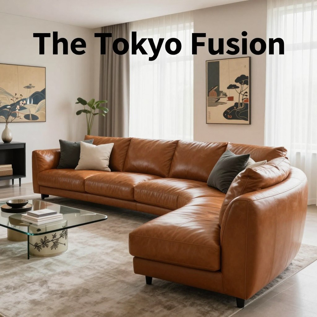 A luxurious leather sofa collection displayed in a modern living room, featuring "The Tokyo Fusion" design by Ligne Roset. The foreground showcases a high-backed, elegantly curved sofa in rich, deep tan leather, adorned with minimalistic throw pillows in contrasting colors. In the middle ground, a low-profile glass coffee table with delicate Japanese-inspired details complements the sofa. Subtle artwork depicting a blend of Eastern and Western motifs hangs on the walls. The background features large windows with sheer curtains, allowing soft, natural light to illuminate the space. The atmosphere is serene and sophisticated, evoking a harmonious balance of modern elegance and cultural fusion. Use a wide-angle lens to capture the entire scene, with a soft focus on background elements to enhance depth.