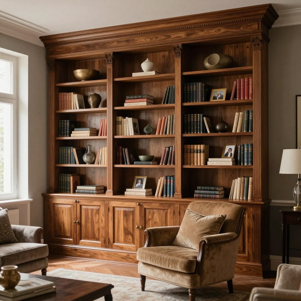 A luxurious living room featuring a classic panelled built-in bookshelf, designed with elegant crown molding at the top for a sophisticated touch. The bookshelf is filled with an array of beautifully bound books, decorative items, and framed photographs that evoke a sense of refinement. The foreground showcases the intricate woodwork and fine detailing, with soft lighting highlighting the textures. In the middle, a cozy armchair invites relaxation, adorned with plush cushions that complement the wooden tones. The background features a tastefully painted wall, which enhances the high-end aesthetic. The overall atmosphere is one of warmth and elegance, with natural light streaming in through a nearby window, creating a serene and inviting space. The angle captures the entire bookshelf and furniture in a balanced composition. A luxurious living room featuring a classic panelled built-in bookshelf, designed with elegant crown molding at the top for a sophisticated touch. The bookshelf is filled with an array of beautifully bound books, decorative items, and framed photographs that evoke a sense of refinement. The foreground showcases the intricate woodwork and fine detailing, with soft lighting highlighting the textures. In the middle, a cozy armchair invites relaxation, adorned with plush cushions that complement the wooden tones. The background features a tastefully painted wall, which enhances the high-end aesthetic. The overall atmosphere is one of warmth and elegance, with natural light streaming in through a nearby window, creating a serene and inviting space. The angle captures the entire bookshelf and furniture in a balanced composition.