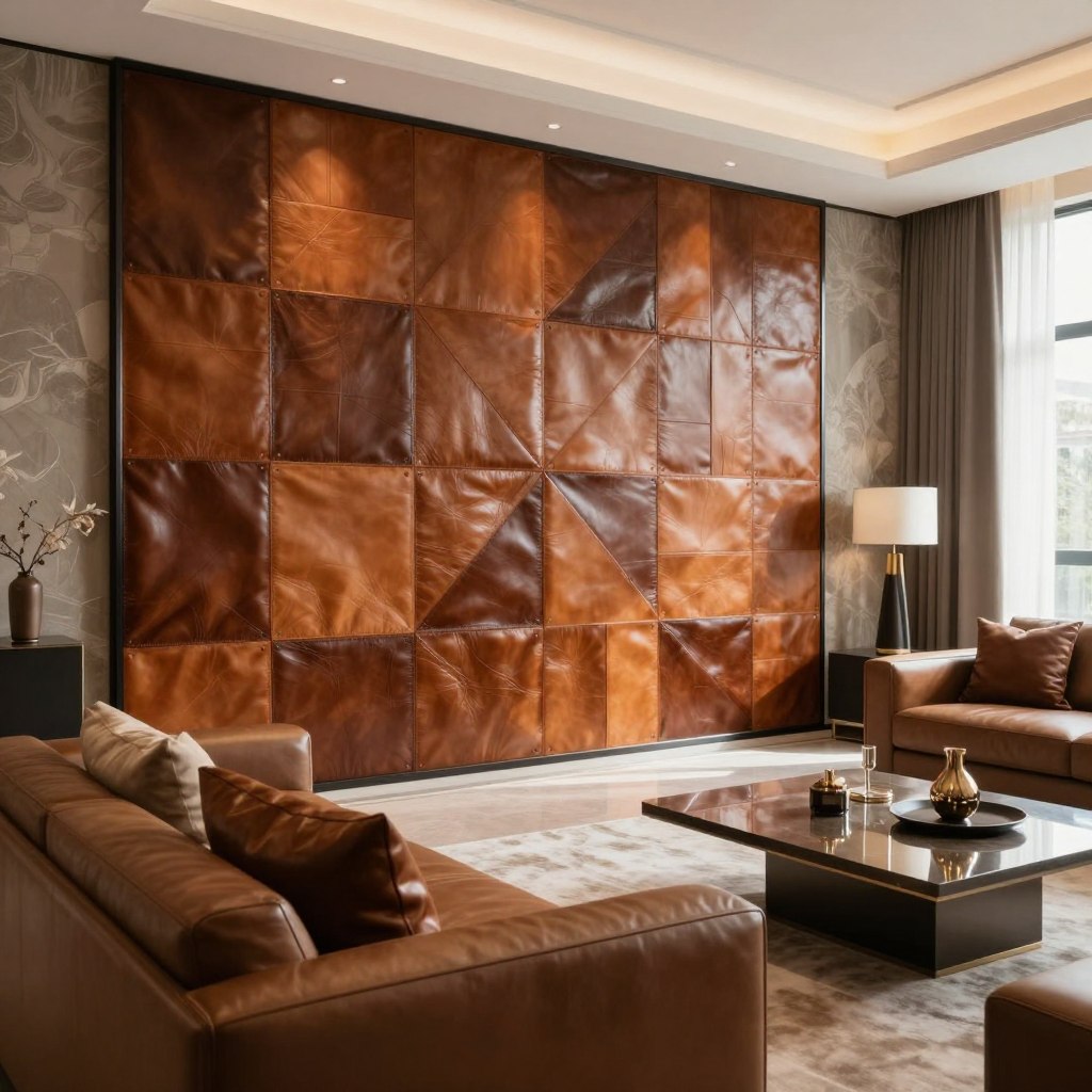 A luxurious living room featuring a striking leather inlay accent wall, intricately designed with various shades of brown and tan leather pieces beautifully arranged in a geometric pattern. In the foreground, a sleek modern couch in rich earth tones complements the wall, adorned with plush throw pillows. The middle ground showcases a stylish coffee table with decorative items that reflect elegance. The background presents soft, muted wallpaper that enhances the leather's richness, bathed in warm, inviting light streaming through large windows, creating a serene ambiance. The scene is captured from a slightly elevated angle, emphasizing the luxurious atmosphere of the room while maintaining a cozy, sophisticated mood.