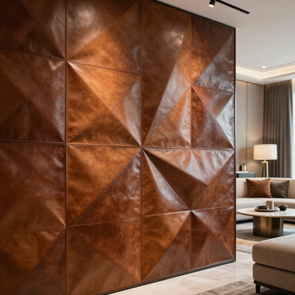 A luxurious living room featuring an intricate leather wrapped battens geometric wall. The foreground showcases rich, textured leather panels arranged in sharp, angular patterns, with deep browns and warm tans creating an inviting yet sophisticated ambiance. In the middle, soft, diffused lighting casts gentle shadows across the battens, enhancing their depth and dimensionality. The background is subtly blurred to emphasize the wall, with elegant furniture pieces like a modern sofa and a chic coffee table, adorned with minimalist decor. The atmosphere exudes comfort and elegance, reminiscent of high-end interior design. Captured from a slightly elevated angle with a wide lens to encompass the entire wall, the overall mood is one of understated luxury and contemporary style.