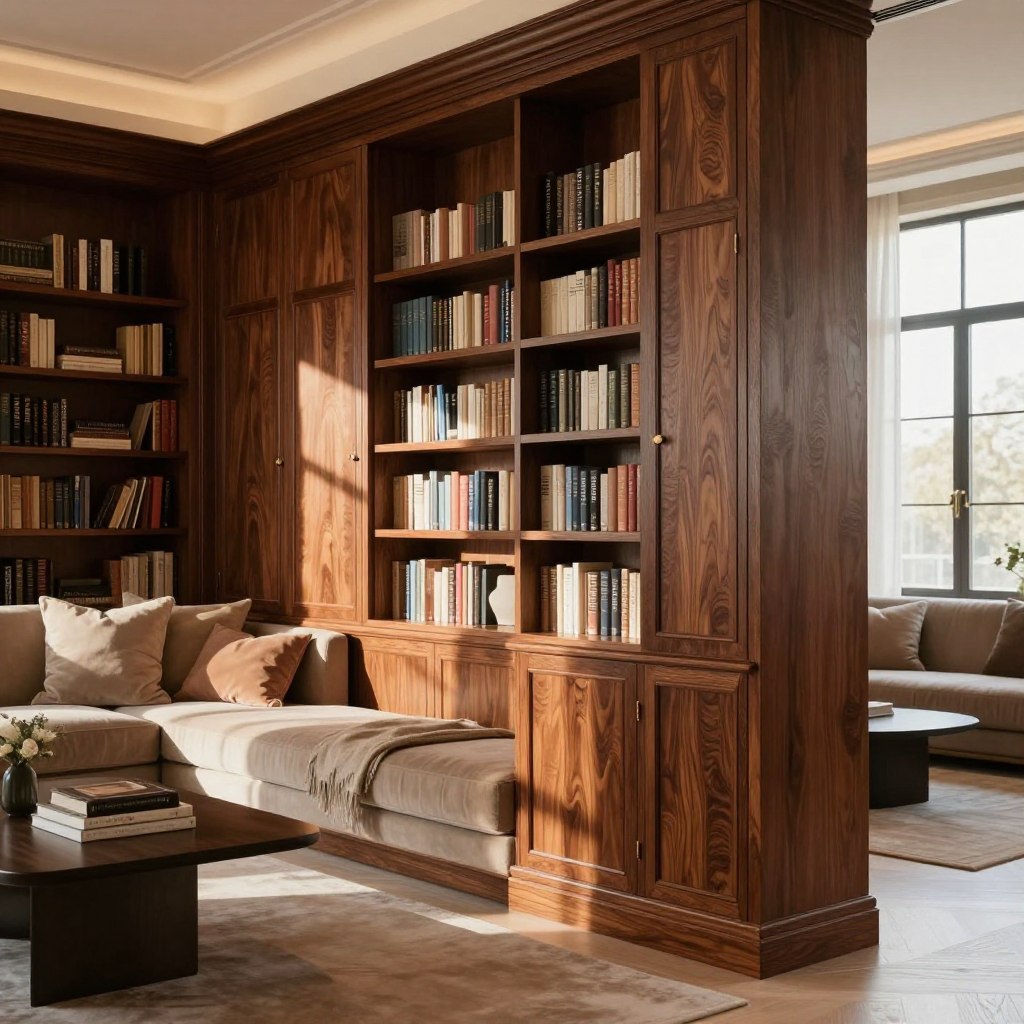 A luxurious living room featuring custom built-in bookshelves with hidden storage compartments and discreet doors. The foreground should showcase elegantly designed wooden bookshelves, seamlessly integrated into the wall, with a rich mahogany finish. The middle section includes plush, inviting seating, adorned with soft throw pillows, and a stylish coffee table in front. In the background, large windows allow warm, natural light to flood the room, casting soft shadows that enhance the elegant atmosphere. The overall mood is sophisticated and cozy, perfect for relaxation and reading. Use a slight angle that captures depth, and highlight the intricate details of the bookshelves and craftsmanship without cluttering the space. Ensure a clean, crisp look free of any text or distractions. A luxurious living room featuring custom built-in bookshelves with hidden storage compartments and discreet doors. The foreground should showcase elegantly designed wooden bookshelves, seamlessly integrated into the wall, with a rich mahogany finish. The middle section includes plush, inviting seating, adorned with soft throw pillows, and a stylish coffee table in front. In the background, large windows allow warm, natural light to flood the room, casting soft shadows that enhance the elegant atmosphere. The overall mood is sophisticated and cozy, perfect for relaxation and reading. Use a slight angle that captures depth, and highlight the intricate details of the bookshelves and craftsmanship without cluttering the space. Ensure a clean, crisp look free of any text or distractions.