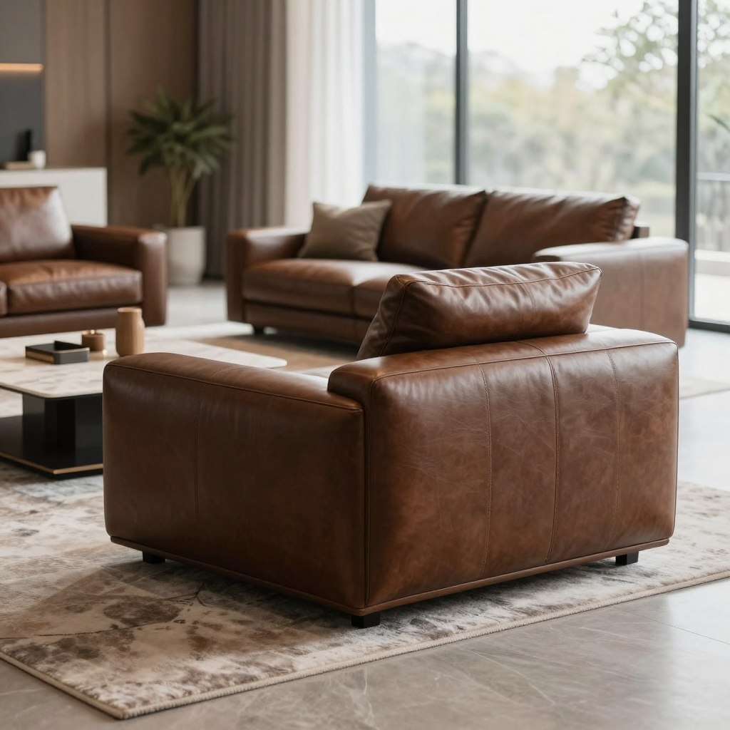 A luxurious living room featuring high-end leather couches designed for modern aesthetics in 2026. The foreground showcases a sleek, deep brown leather sofa with elegant stitching and plush cushions, set against a minimalist coffee table with geometric wooden accents. The middle ground includes a stylish armchair and an intricate area rug that harmonizes with the sofa's color. In the background, floor-to-ceiling windows bathe the space in soft, natural light, creating a warm and inviting atmosphere. Use a shallow depth of field for a soft blur on the background. The mood should evoke sophistication and comfort, perfect for contemporary living spaces. Emphasize clean lines, rich textures, and a cohesive modern design.