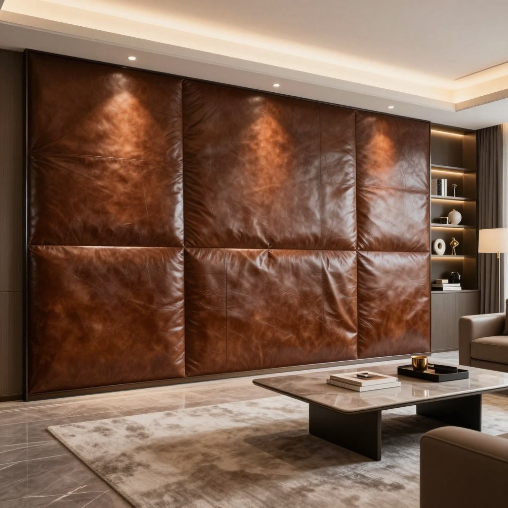 A luxurious living room featuring large leather wall panels in a rich, chocolate brown hue. The foreground showcases elegantly textured leather panels arranged in a stylish geometric pattern, exuding opulence. In the middle ground, a sleek modern coffee table with minimalist decor complements the leather. Soft, ambient lighting casts a warm glow, highlighting the panel textures and creating an inviting atmosphere. The background reveals a stylish bookshelf adorned with carefully chosen decor pieces and a plush area rug that enhances the cozy vibe. The scene is captured in a wide-angle perspective, emphasizing the grandeur of the accent wall while maintaining a harmonious balance throughout the space. The overall mood is sophisticated and inviting, perfect for a luxurious living room setting.