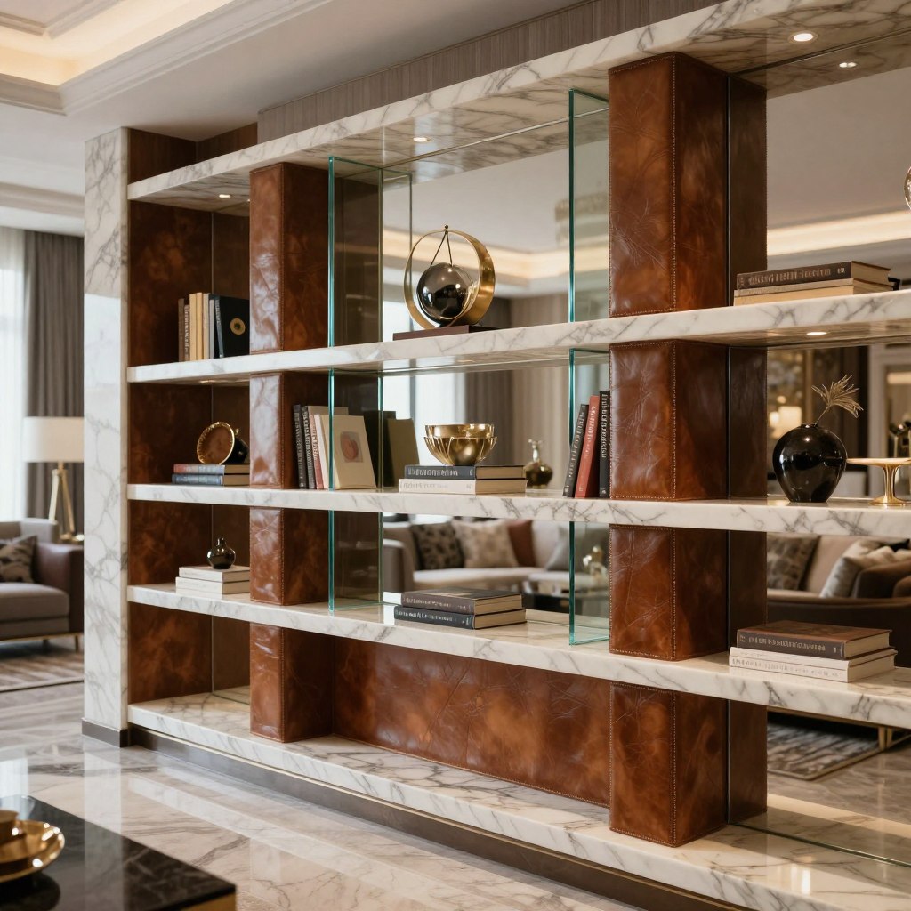 A luxurious living room featuring statement-making built-in bookshelves, showcasing a harmonious blend of marble, glass, and leather insets. In the foreground, the bookcase boasts sleek, glossy marble shelves, accented by rich leather panels that provide texture and warmth. The middle section includes elegant glass bookends and artistic displays of books and decor items. The background showcases a tastefully decorated living room with soft, ambient lighting, enhancing the opulence of the materials. The overall atmosphere is sophisticated and inviting, conveying a sense of modern elegance and design innovation. Capture the scene from a slightly elevated angle, using soft focus on the edges to highlight the craftsmanship of the bookcase while ensuring the overall image remains crisp and detailed. A luxurious living room featuring statement-making built-in bookshelves, showcasing a harmonious blend of marble, glass, and leather insets. In the foreground, the bookcase boasts sleek, glossy marble shelves, accented by rich leather panels that provide texture and warmth. The middle section includes elegant glass bookends and artistic displays of books and decor items. The background showcases a tastefully decorated living room with soft, ambient lighting, enhancing the opulence of the materials. The overall atmosphere is sophisticated and inviting, conveying a sense of modern elegance and design innovation. Capture the scene from a slightly elevated angle, using soft focus on the edges to highlight the craftsmanship of the bookcase while ensuring the overall image remains crisp and detailed.