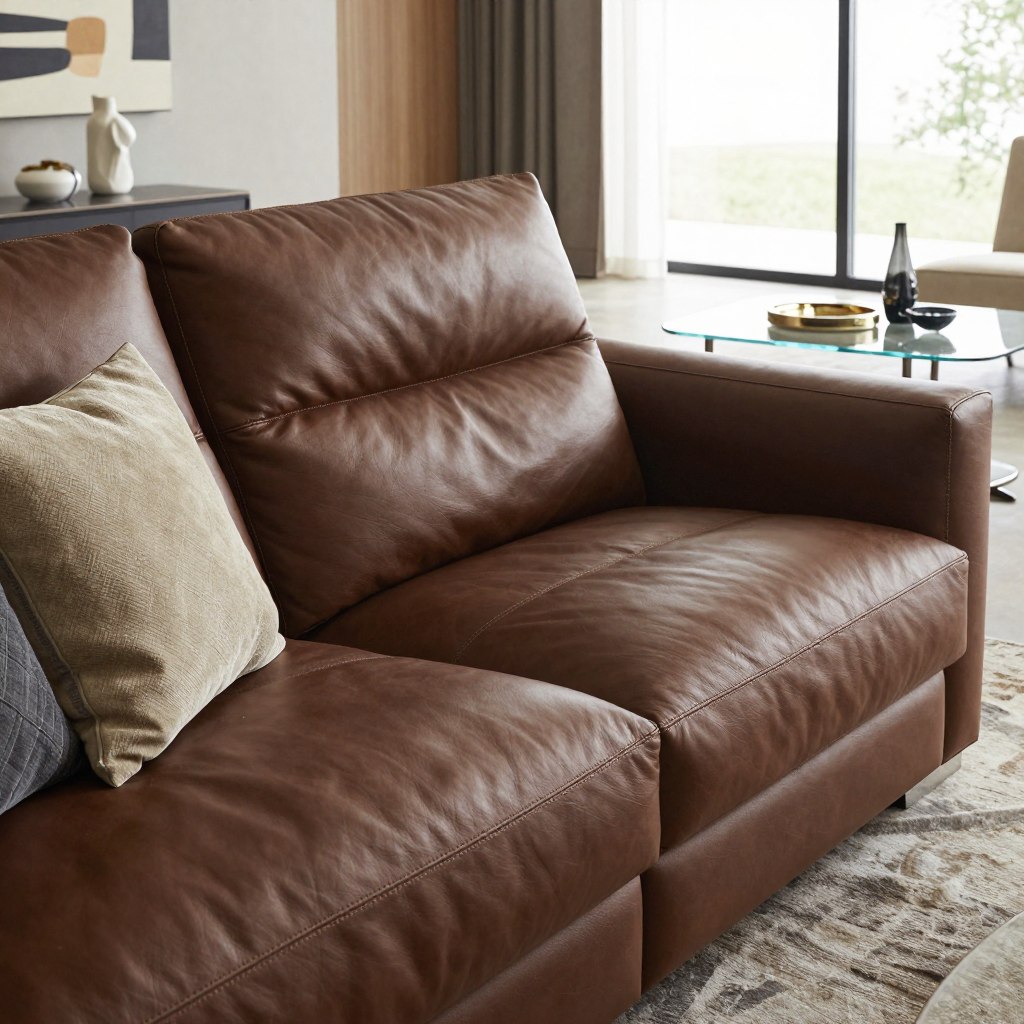 A luxurious living room featuring the Milano Elegante sofa by Natuzzi, crafted from soft top-grain leather in a rich, deep brown tone. The sofa is elegantly designed with clean lines, plush cushions, and subtle stitching that highlights Italian craftsmanship. In the foreground, the sofa is positioned in an inviting manner, adorned with stylish throw pillows. The middle ground showcases a minimalist coffee table made of glass and polished metal, surrounded by tasteful decor items. The background features a modern wall with abstract art and a large window letting in soft, natural light, enhancing the warm ambiance. The scene conveys sophistication and comfort, perfect for a contemporary living space, captured from a slightly elevated angle to showcase the sofa's design details.