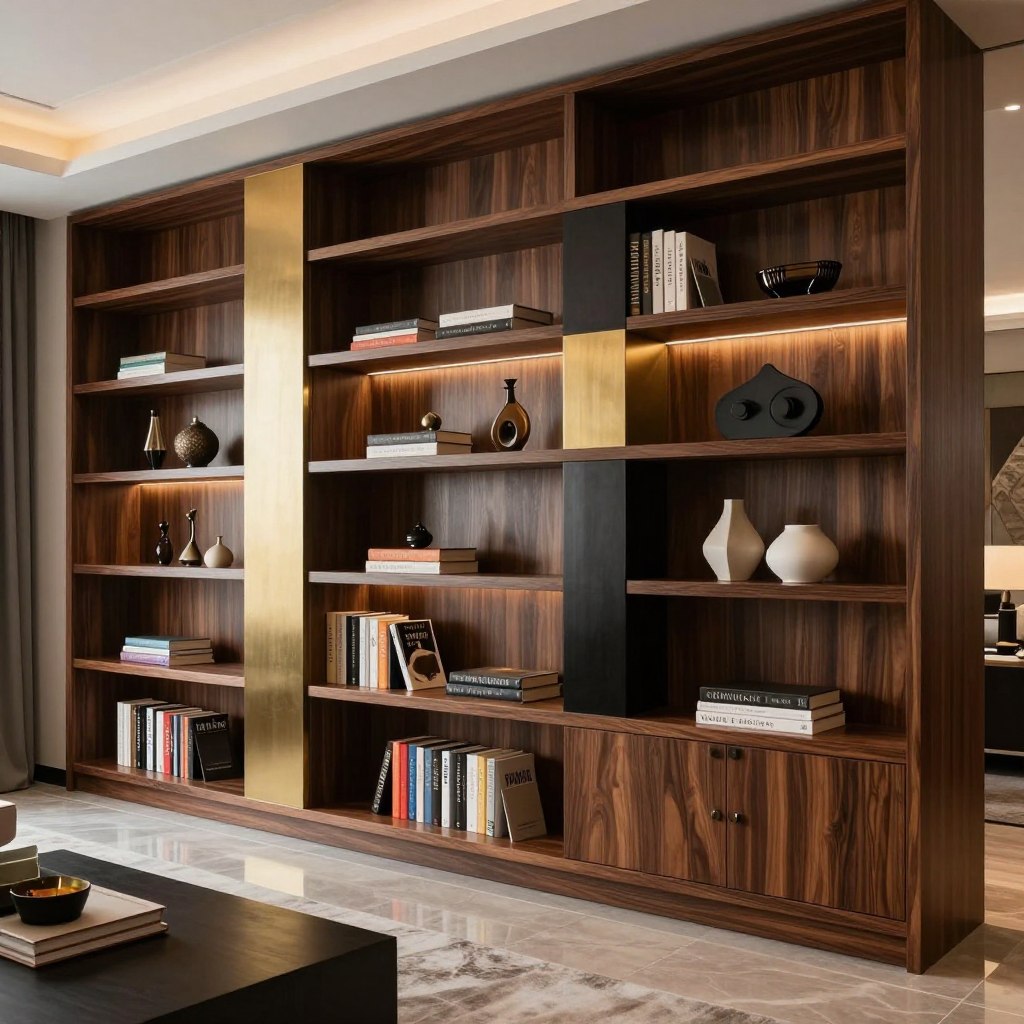 A luxurious living room showcasing mixed-material built-ins, featuring elegant wooden shelves interspersed with sleek metal accents. In the foreground, display a vibrant array of books and decorative items harmoniously arranged on the shelves. In the middle ground, emphasize the rich textures of dark stained wood complemented by brushed gold and matte black metal elements. The background reveals a softly lit space with warm ambient lighting, creating an inviting atmosphere. Utilize a wide-angle lens to capture the full extent of the built-ins, with a focus on the craftsmanship of the materials. The overall mood should evoke sophistication and modern elegance, making it an inspiring focal point in the room. A luxurious living room showcasing mixed-material built-ins, featuring elegant wooden shelves interspersed with sleek metal accents. In the foreground, display a vibrant array of books and decorative items harmoniously arranged on the shelves. In the middle ground, emphasize the rich textures of dark stained wood complemented by brushed gold and matte black metal elements. The background reveals a softly lit space with warm ambient lighting, creating an inviting atmosphere. Utilize a wide-angle lens to capture the full extent of the built-ins, with a focus on the craftsmanship of the materials. The overall mood should evoke sophistication and modern elegance, making it an inspiring focal point in the room.