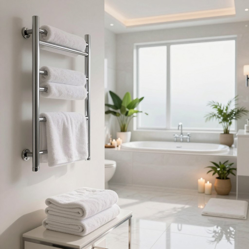 A luxurious master bathroom featuring elegant towel warmers mounted on pristine white walls, gleaming with chrome finishes. In the foreground, plush, neatly folded towels rest on a modern, sleek bath bench. The middle ground showcases a spacious soaking tub surrounded by decorative candles and potted plants, enhancing the spa-like ambiance. The background reveals large frosted windows allowing soft, diffused natural light to flood the space, accentuating the tranquil atmosphere. Subtle reflections in the polished floor tiles add depth to the scene. The overall mood conveys relaxation and indulgence, inviting viewers to imagine a serene retreat. Use bright daylight lighting to illuminate each detail and create a welcoming environment, shot from a slightly elevated angle to capture the full scope of this elegant bathroom sanctuary.