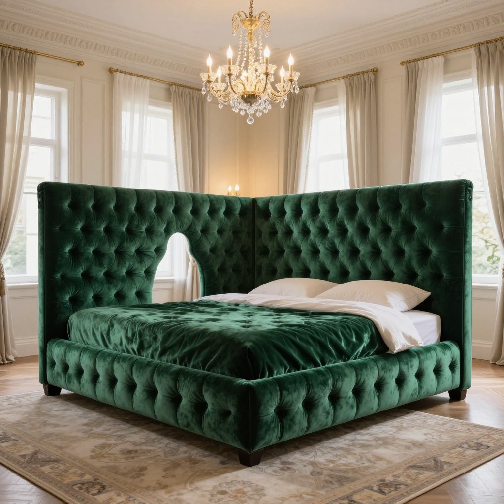 A luxurious master bedroom featuring a bespoke upholstered bed as the centerpiece. The bed showcases a dramatic tufted velvet design in rich emerald green, with an oversized headboard that reaches toward the ceiling, creating an elegant statement. The plush fabric glimmers softly in the warm, ambient light of a chandelier above. Surrounding the bed, a softly patterned area rug adds texture and comfort. The walls are adorned with elegant moldings in a soft cream color, while large windows draped in flowing sheer curtains allow natural light to filter in, creating a serene and opulent atmosphere. The camera angle is slightly elevated, capturing the grandeur and elegance of the space, emphasizing the intricate details and luxurious design elements of the bed.