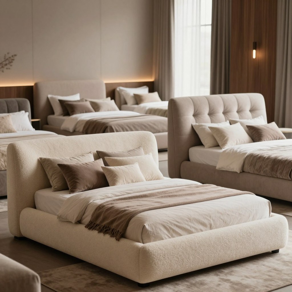 A luxurious master bedroom featuring a collection of premium upholstered beds, focusing on boucle and textured fabric designs. In the foreground, display a stunning king-sized bed upholstered in soft, creamy boucle fabric, showcasing sculptural headboard details and elegant curves. Surround it with plush throw pillows in complementary shades of taupe and ivory. The middle ground introduces an array of textured beds in various styles, such as sleek modern silhouettes and classic tufted designs. The background should softly highlight a serene atmosphere with muted-color walls, rich wooden accents, and ambient warm lighting streaming through sheer drapes. Capture the image with a softly blurred background to emphasize the luxurious beds, using a shallow depth of field. Aim for a cozy yet sophisticated ambiance, ideal for a master bedroom retreat in 2026. A luxurious master bedroom featuring a collection of premium upholstered beds, focusing on boucle and textured fabric designs. In the foreground, display a stunning king-sized bed upholstered in soft, creamy boucle fabric, showcasing sculptural headboard details and elegant curves. Surround it with plush throw pillows in complementary shades of taupe and ivory. The middle ground introduces an array of textured beds in various styles, such as sleek modern silhouettes and classic tufted designs. The background should softly highlight a serene atmosphere with muted-color walls, rich wooden accents, and ambient warm lighting streaming through sheer drapes. Capture the image with a softly blurred background to emphasize the luxurious beds, using a shallow depth of field. Aim for a cozy yet sophisticated ambiance, ideal for a master bedroom retreat in 2026.