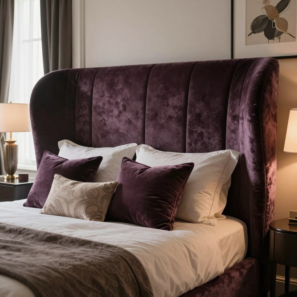 A luxurious master bedroom featuring high-end bed upholstery, showcasing a stunning curved and sculptural headboard design. The headboard is upholstered in rich, textured velvet, with elegant curves and subtle stitches that create a sense of depth and sophistication. The bed is adorned with plush, decorative pillows in various sizes, harmonizing in a color palette of deep jewel tones and soft neutrals. Soft, warm lighting bathes the scene, highlighting the intricate details and inviting atmosphere. The background features a tasteful arrangement of contemporary furnishings, a softly draped window allowing natural light to filter in, and elegant artwork that complements the overall aesthetic. The image captures tranquility and opulence, evoking a serene and inviting space perfect for relaxation. A luxurious master bedroom featuring high-end bed upholstery, showcasing a stunning curved and sculptural headboard design. The headboard is upholstered in rich, textured velvet, with elegant curves and subtle stitches that create a sense of depth and sophistication. The bed is adorned with plush, decorative pillows in various sizes, harmonizing in a color palette of deep jewel tones and soft neutrals. Soft, warm lighting bathes the scene, highlighting the intricate details and inviting atmosphere. The background features a tasteful arrangement of contemporary furnishings, a softly draped window allowing natural light to filter in, and elegant artwork that complements the overall aesthetic. The image captures tranquility and opulence, evoking a serene and inviting space perfect for relaxation.