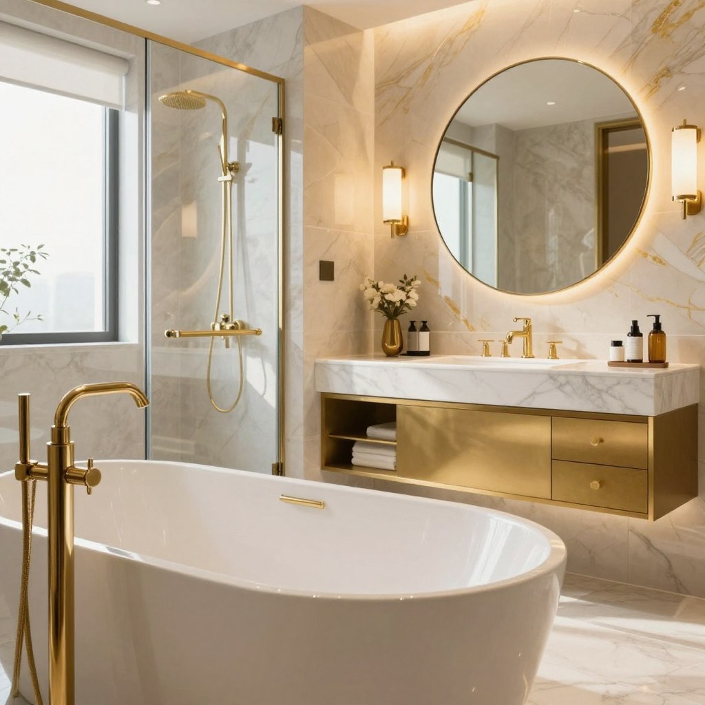 A luxurious modern bathroom featuring gold and brass accents. In the foreground, a sleek, freestanding tub with polished brass fixtures and elegant geometric shapes. The middle ground includes a floating vanity with a white marble countertop, accented by gold handles and a large round mirror that enhances the space. Soft ambient lighting highlights the warm tones of the metallic finishes. The background reveals a glass-enclosed shower, with luxurious tilework in shades of cream and gold that complements the overall design. The atmosphere feels opulent yet inviting, embodying a sense of tranquility and sophistication ideal for relaxation. Natural light streams in through a large window, adding a soft glow to the space.