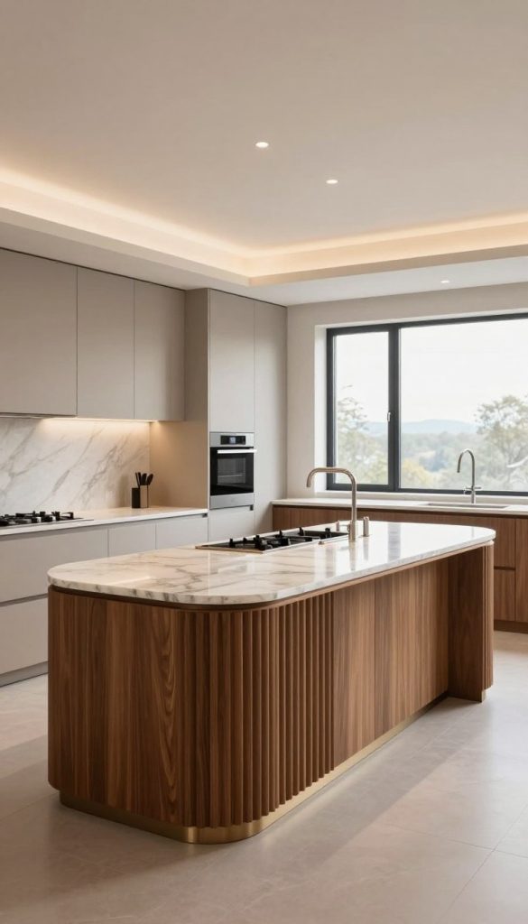 A luxurious, modern curved fluted kitchen island takes center stage in an elegant, upscale kitchen. The island features smooth, soft curves with vertical fluted details crafted from a rich, warm wood tone, complemented by a polished marble countertop with subtle veining. The foreground captures the flowing shape of the island, inviting and visually striking. In the middle ground, sleek, minimalist cabinetry and high-end appliances create a seamless design, maintaining an airy feel. The background showcases large windows allowing natural light to flood the space, enhanced by soft, ambient overhead lighting. The overall atmosphere exudes sophistication and warmth, perfect for a contemporary luxury home setting. The camera angle is slightly above eye level, providing a comprehensive view of the island and its exquisite details.