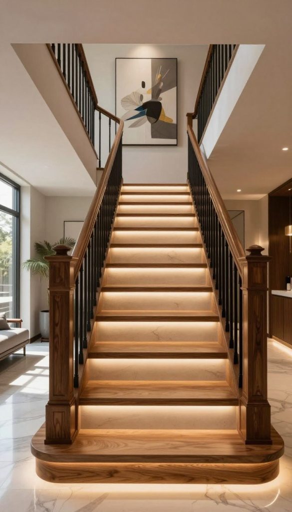A luxurious modern entryway showcasing a high-end stair riser installation. In the foreground, finely crafted stair risers adorned with elegant wood finishes and intricate molding, emphasizing their premium quality. The middle layer features a sleek staircase leading to a spacious landing, highlighted by warm ambient lighting that creates a welcoming atmosphere. The background consists of minimalist architectural elements, such as a stylish railing and statement art pieces on the walls, blending sophistication and modern design. Soft diffused sunlight streams in through large windows, casting gentle shadows that enhance the texture of the materials. The overall mood is inviting yet opulent, reflecting a chic, elevated lifestyle.