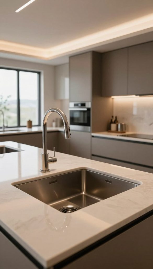 A luxurious modern kitchen featuring an integrated sink countertop, emphasizing seamless design. The foreground showcases an elegant, large sink blending flawlessly with the sleek countertop, crafted from high-quality stone with a polished finish. Subtle reflections in the sink illustrate its depth and shine. In the middle ground, contemporary kitchen appliances with minimalist design complement the overall look, featuring brushed nickel fixtures and streamlined cabinetry. The background displays a spacious, airy kitchen with large windows allowing natural light to filter through, creating a warm, inviting atmosphere. The scene is illuminated with soft, indirect lighting, enhancing the luxurious feel of the modern space. Use a wide-angle lens to capture the entirety of this sophisticated design, evoking a sense of contemporary elegance and functionality.