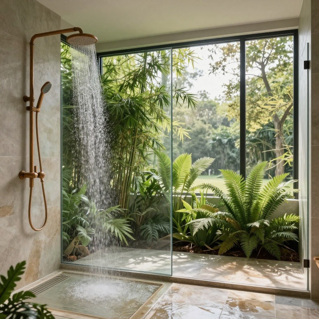 A luxurious nature-inspired walk-in shower design featuring oversized glass walls that blend seamlessly with the surrounding environment. The foreground showcases a stunning rainfall showerhead made of natural materials, gently cascading water that creates a serene atmosphere. In the middle, lush greenery, including ferns and bamboo, flourishes around the shower area, enhancing the organic feel. Sleek stone tiles in earthy tones comprise the shower floor, adding a touch of elegance. The background reveals large windows that open to a tranquil outdoor view of trees and soft sunlight filtering through, creating a bright and airy ambiance. The overall mood is peaceful and rejuvenating, ideal for relaxation and wellness. Soft, natural lighting highlights the textures and colors, while a wide-angle perspective captures the expansive feel of this inspiring design.