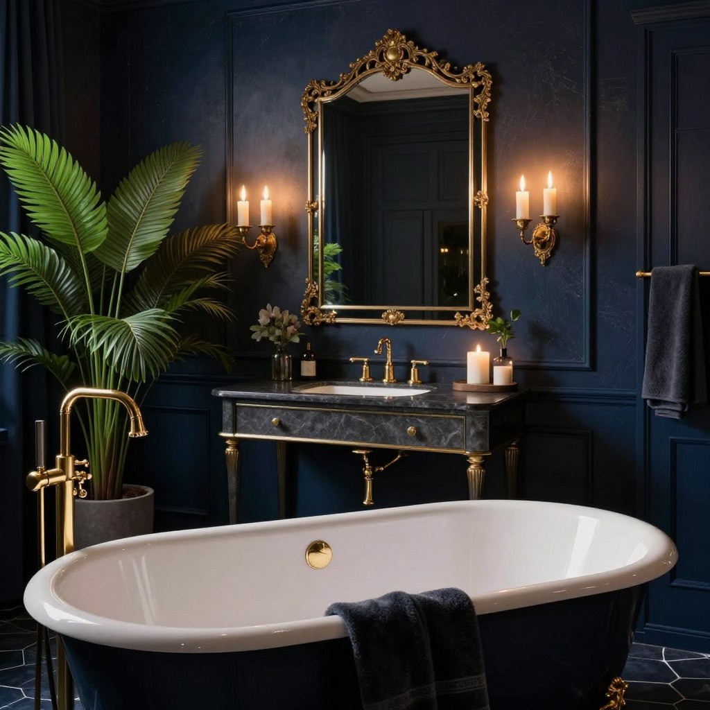 A luxurious navy blue bathroom with dramatic, moody decor. In the foreground, a deep, freestanding bathtub adorned with elegant gold fixtures and surrounded by plush, dark towels. The middle layer features a striking charcoal vanity, complete with a large, ornate mirror that reflects soft candlelight. In the background, rich emerald plants softly illuminate the space against dark, textured walls, creating a serene atmosphere. The lighting is warm and inviting, with gentle shadows creating depth. The angle captures the entire scene, evoking a sophisticated maritime-inspired design. The overall mood is tranquil and opulent, perfect for a timeless luxury aesthetic.
