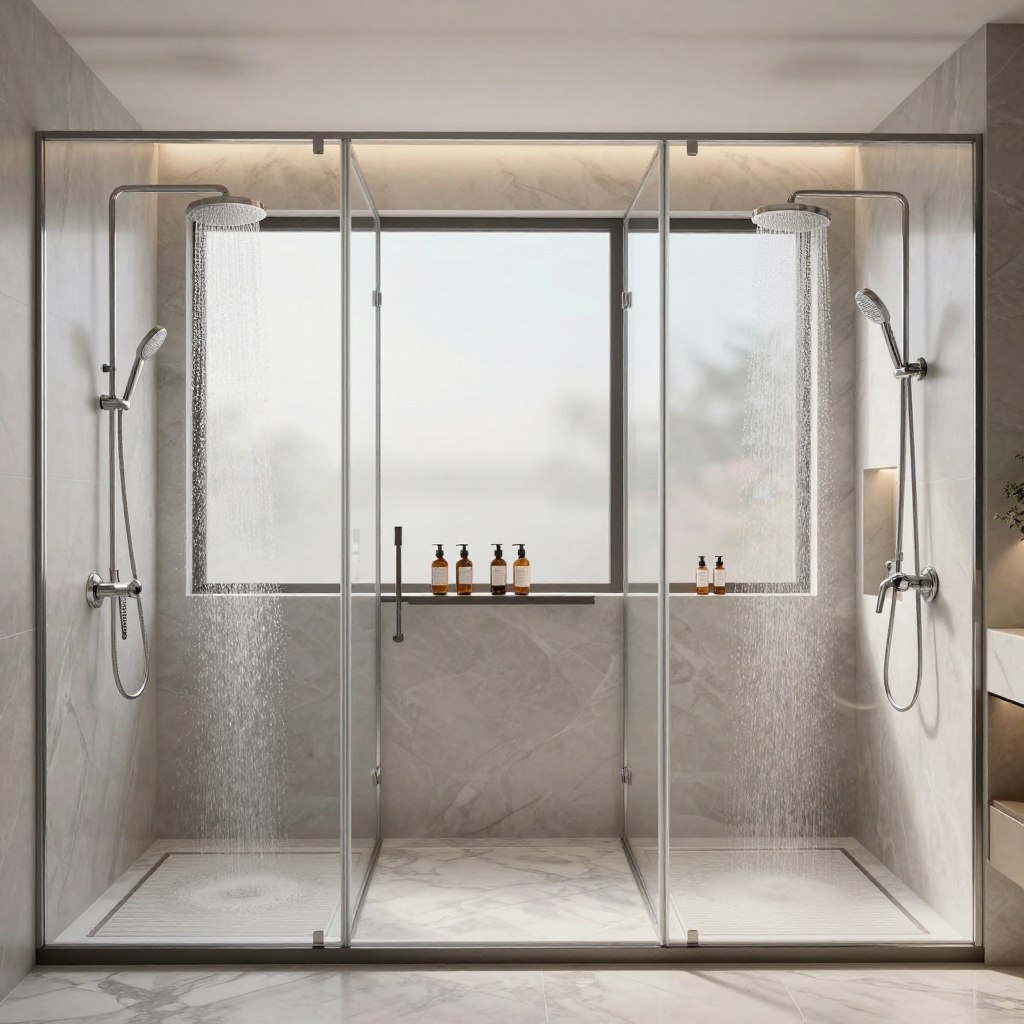 A luxurious oversized double walk-in shower configuration in a modern upscale bathroom. The foreground features elegant dual rainfall showerheads cascading water in a spacious, glass-enclosed area, with polished marble tiles beneath. The middle ground showcases sleek, minimalist accents, such as built-in shelves with high-end toiletries and ambient lighting fixtures that create a soothing glow. The background includes frosted glass windows allowing soft natural light to filter in, enhancing the serene atmosphere. This bathroom exudes sophistication with a neutral color palette, featuring soft grays and whites. The mood is tranquil and inviting, perfect for a lavish self-care experience, captured from a wide-angle perspective to emphasize the expansive space.