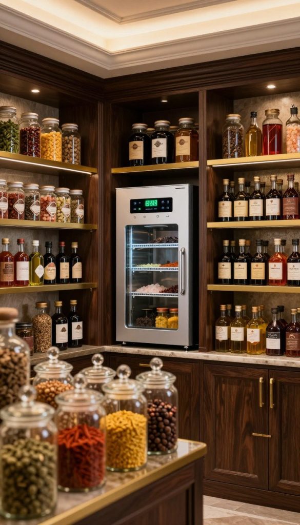 A luxurious pantry featuring climate-controlled zones designed for specialty ingredients. In the foreground, elegant glass jars filled with vibrant spices and gourmet oils are neatly organized on custom shelves with golden accents. The middle section showcases a state-of-the-art climate control unit, subtly integrated into the cabinetry, with a soft glow emitting from digital temperature displays. The shelves are lined with artisanal products, like aged balsamic vinegar and exotic salts, on dark wood. In the background, warm ambient lighting highlights a coffered ceiling and textured wall panels, creating a sophisticated atmosphere. The scene is shot from a slightly elevated angle, capturing the organized beauty and functional elegance of this chef’s paradise.