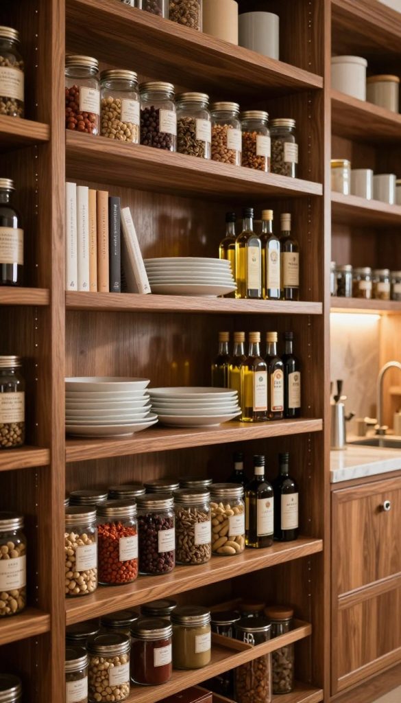 A luxurious pantry shelving system featuring custom pull-out shelves with soft-close mechanisms. The foreground showcases gleaming wooden shelves lined with neatly organized glass jars, artisanal spices, and finely labeled containers. The middle layer displays elegantly arranged cookbooks, stylish dishware, and a collection of gourmet oils. In the background, warm ambient lighting accentuates the rich textures of the cabinetry, while soft shadows create a cozy yet sophisticated atmosphere. The scene captures the essence of modern luxury, emphasizing functionality without sacrificing style. The perspective is slightly angled to reveal depth, making the shelving system the focal point, evoking a sense of organization and opulence in a chef's kitchen.