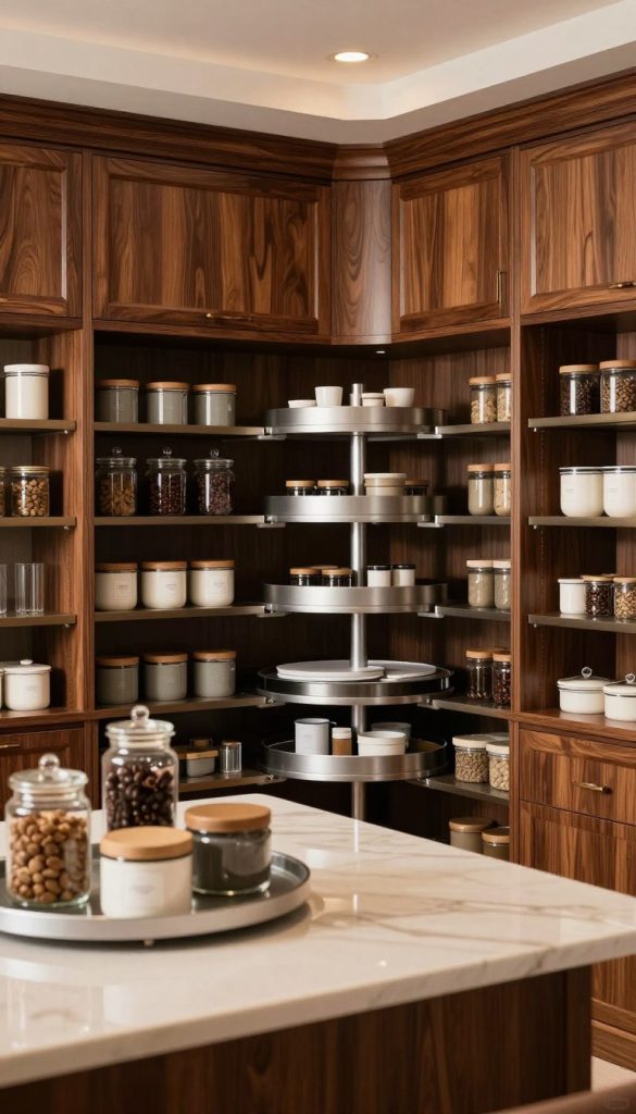 A luxurious pantry showcasing innovative upscale organization solutions, featuring sleek rotating corner units and premium Lazy Susan systems. In the foreground, a spacious countertop adorned with elegant jars and stylish containers is well-organized, highlighting the intricate details of the rotating units. The middle ground reveals a beautifully designed pantry with high-end wood cabinetry, polished metal accents, and rich textures, showcasing the Lazy Susan systems effortlessly spinning to reveal hidden compartments. In the background, soft, ambient lighting casts a warm glow, illuminating the chic interiors, creating an inviting atmosphere. The focus is sharp, simulating a professional lens effect with a slight depth of field to emphasize the premium design and organization flair without any people in the scene.