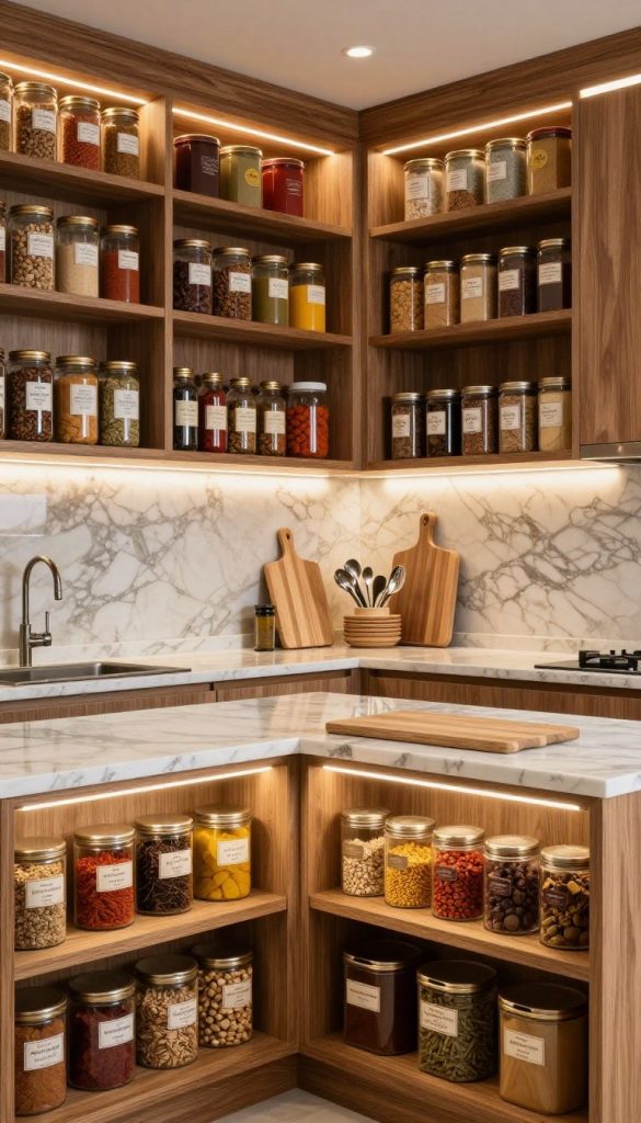 A luxurious pantry storage space designed for a chef's kitchen, showcasing integrated LED lighting solutions illuminating custom built-in shelves. In the foreground, sleek wooden shelves display an array of gourmet spices, artisanal jars, and elegantly labeled containers. The middle ground highlights a polished countertop with a subtle sheen, featuring neatly arranged cutting boards and utensils under soft LED accents. In the background, a rich texture of marble with understated patterns complements the cabinetry, enhancing the warm yet modern ambiance. The lighting creates a bright and inviting atmosphere, emphasizing the organized and aesthetically pleasing arrangement. The scene is captured from a slightly elevated angle, providing a comprehensive view of the meticulous organization within the pantry.