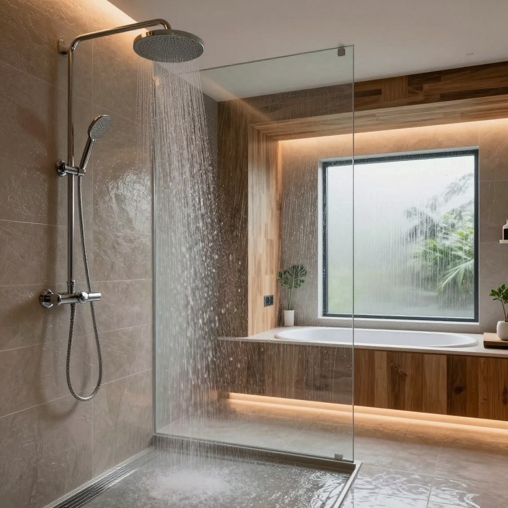 A luxurious rainfall shower set in a contemporary spa-like environment, showcasing oversized showerheads cascading with gentle water. In the foreground, sleek chrome fixtures and an elegant overhead rain shower blend harmoniously with textured tiles and warm wood accents. In the middle, a spacious walk-in design features a glass enclosure, maintaining a minimalist aesthetic, while ambient LED lighting creates a soothing atmosphere. The background showcases a serene atmosphere with subtle greenery peeking through frosted glass windows, enhancing the spa-like feel. Capture the image from a slightly elevated angle to emphasize the spaciousness and tranquility. The overall mood reflects relaxation, indulgence, and a rejuvenating escape, inviting viewers to envision a contemporary body spa experience.