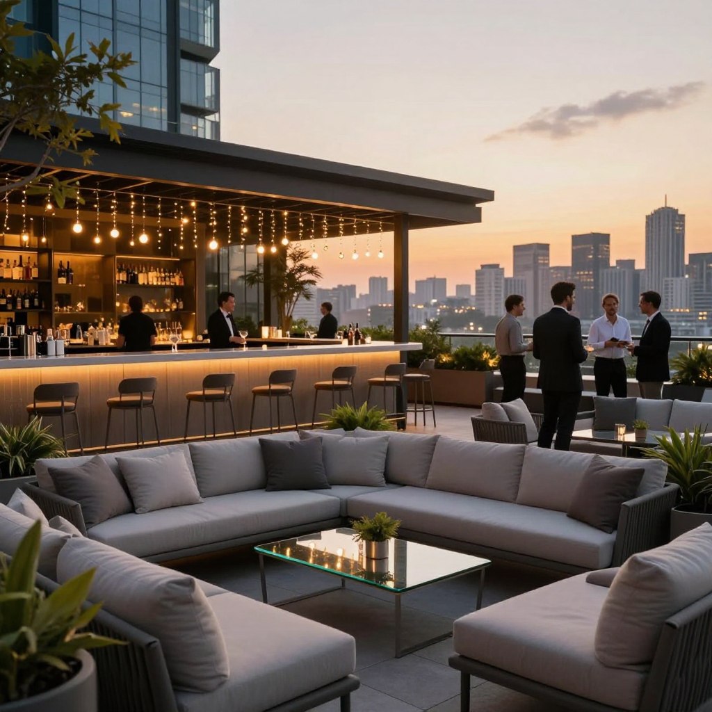 A luxurious rooftop entertaining area, featuring stylish outdoor furniture arranged for seamless guest flow. In the foreground, a modern sectional sofa with plush cushions and a glass coffee table, surrounded by elegant potted plants. The middle section showcases a bar area with sleek stools, adorned with hanging fairy lights, creating a warm atmosphere. In the background, a stunning city skyline at sunset, with soft golden light illuminating the scene. The angle should capture the layout's openness, allowing guests to move effortlessly between spaces. The mood is inviting and sophisticated, perfect for gatherings. Lighting should be soft and ambient, enhancing the vibrant yet relaxed atmosphere. Business-attired individuals mingling in the background add a touch of elegance.