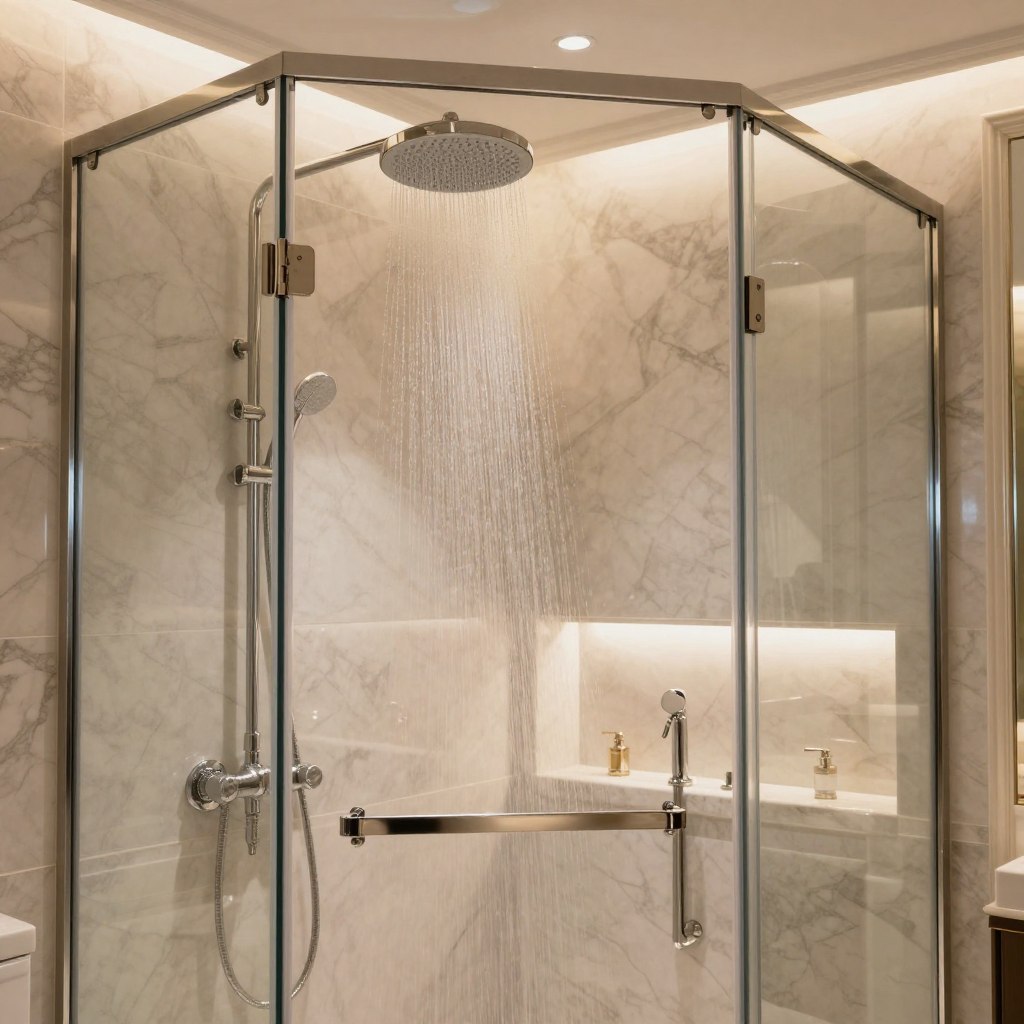 A luxurious shower enclosure featuring sleek glass walls and high-end finishes, set in an elegant bathroom environment. The foreground showcases the stunning, oversized rainfall showerhead with a delicate, cascading water flow. The middle layer displays polished marble tiles and premium fixtures, inviting a sense of opulence. In the background, soft ambient lighting creates a warm and inviting atmosphere, enhancing the luxurious feel with reflections in the glass. The scene is captured from a slightly elevated angle, providing a comprehensive view of the elegant design and sophistication of the space. The overall mood is one of timeless elegance, tranquility, and indulgence, perfect for a high-end bathroom setting.