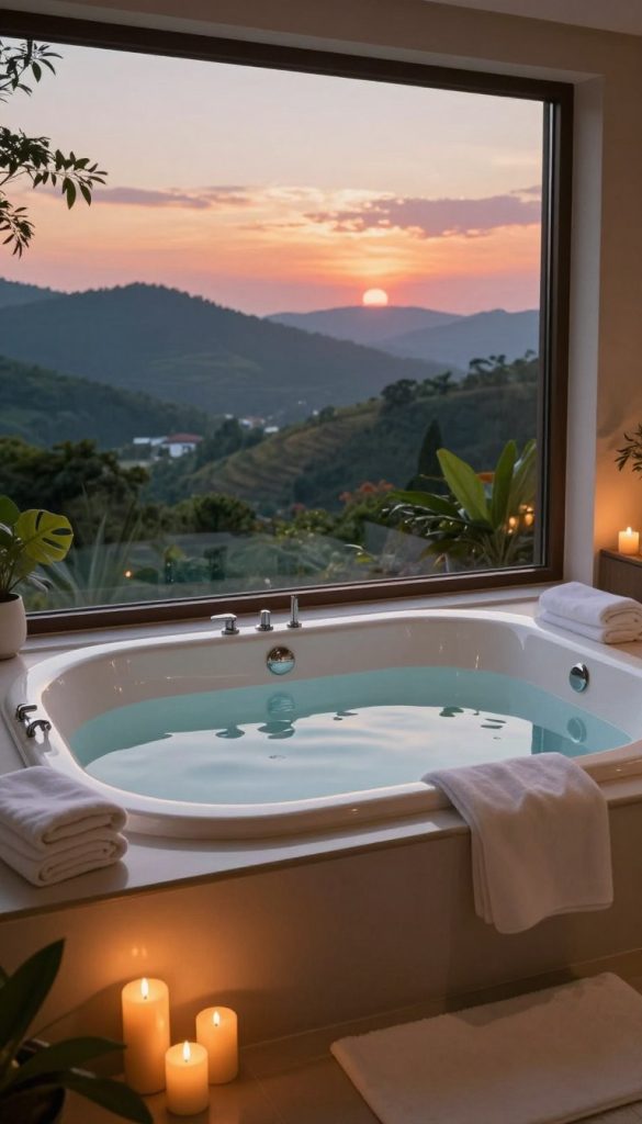 A luxurious soaking tub positioned by a large window, showcasing breathtaking panoramic views of a serene landscape. The tub, made of sleek white porcelain, is elegantly surrounded by soft white towels and lush greenery, creating a calming atmosphere. In the foreground, delicate candles flicker softly, casting a warm glow. The middle layer highlights the peaceful tub filled with crystal clear water, reflecting the natural light streaming in. The background features a stunning view of rolling hills and a sunset sky, painted with hues of orange, pink, and lavender. The scene is imbued with tranquility, inviting relaxation and evoking the serenity of a spa sanctuary. Soft natural lighting enhances the calm mood, showcasing the rich textures of the space.