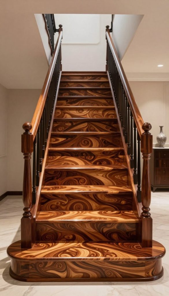 A luxurious staircase featuring elegant stair risers made of exotic hardwood marquetry. The foreground showcases intricate marquetry patterns combining rich mahogany, deep walnut, and light maple, creating an exquisite design that spirals elegantly. The middle ground captures the upward angle of the staircase, highlighted by soft ambient lighting that casts warm reflections on the polished wood surface. The background reveals a tastefully decorated entryway with subtle decorative elements, like a contemporary vase and soft, neutral-tone walls. The mood is sophisticated and welcoming, emphasizing the artistry of craftsmanship in the marquetry inlays, showcasing the blend of nature’s beauty and luxury design.