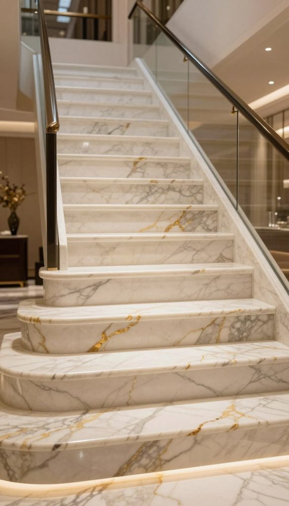 A luxurious staircase showcasing exclusive stair risers made from Carrara marble and Calacatta Gold stone. In the foreground, the intricate veining of the marble and gold accents glisten under soft, warm lighting, highlighting their opulence. The middle layer features a sweeping flight of stairs with elegant, polished risers blending seamlessly into a sophisticated handrail. The background is softly blurred, featuring a beautifully styled entryway with hints of modern decor. The atmosphere is inviting and upscale, evoking a sense of grandeur. The lighting is soft and diffused, creating gentle shadows that emphasize the textures of the materials. The angle captures a low view from the base of the stairs, drawing the viewer’s eye upwards.